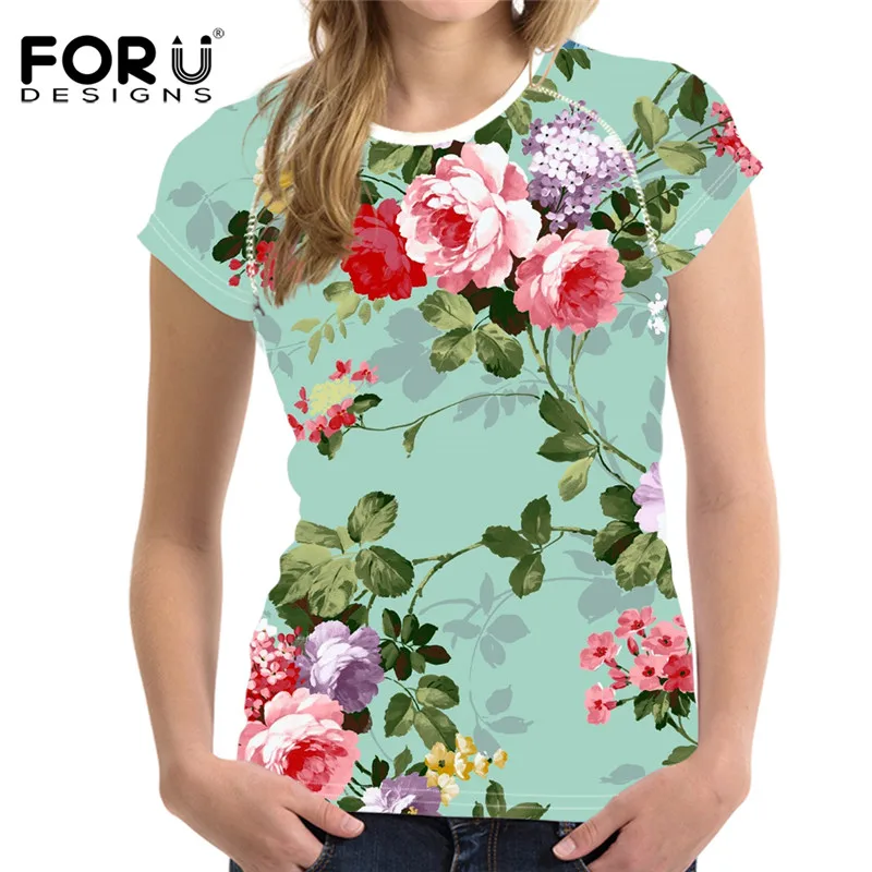 FORUDESIGNS/женская футболка с цветочным принтом в стиле ретро; летняя футболка с коротким рукавом; женская футболка для девочек; повседневные топы с круглым вырезом; одежда