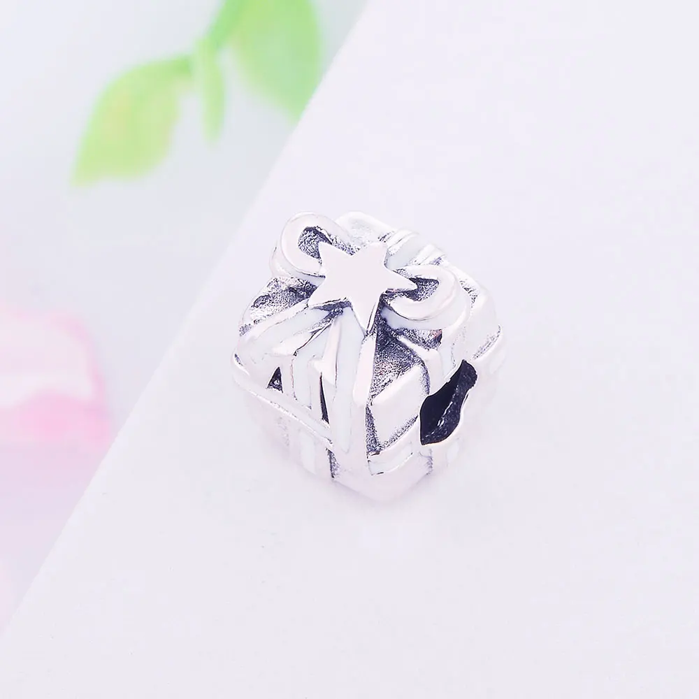 Новинка, подходит для оригинала Pandora, очаровательный браслет, сделай сам, белая эмаль, Рождественская Подарочная коробка, бусины, 925 серебряные амулеты, сделай сам, ювелирные аксессуары