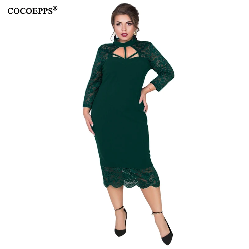 Green COOEPPS, Осеннее женское платье, кружевное, с вырезом, зимнее, Vestidos, большой размер, повседневная женская одежда, сексуальное, размера плюс, Платья для вечеринок - Цвет: Green