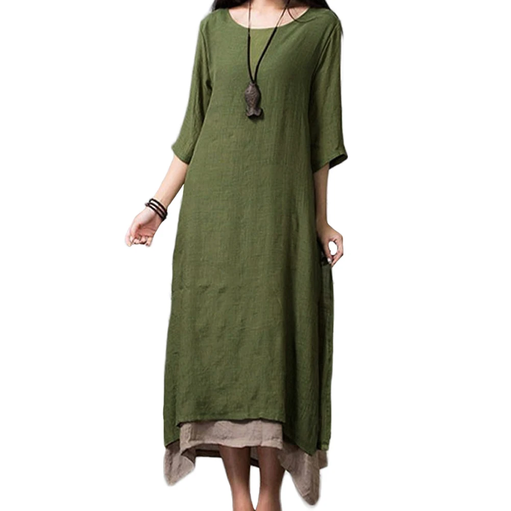 Платье женское винтажное хлопково-льняное с асимметричным подолом повседневный