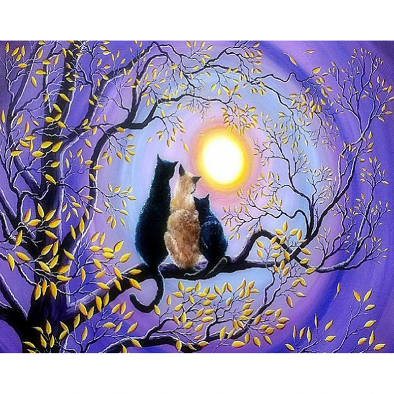 

Алмазная вышивка LZAIQIZG, квадратная/круглая картина с изображением трех котов и Луны, пейзаж для домашнего декора