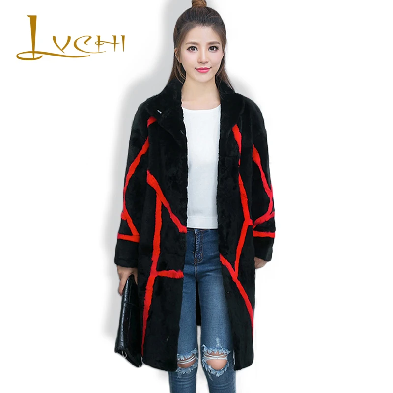 

LVCHI 100% Natural Rabbit Genuine Leather 2019 Striped Stand Winter Thin Warm Fur Full Pelt Ladies Slim Rabbit Coats Plus Size