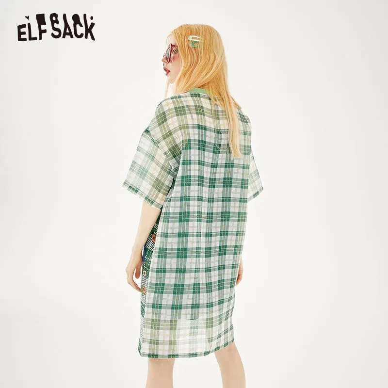 Женское винтажное вечернее платье ELFSACK зеленое клетчатое Повседневное оверсайз