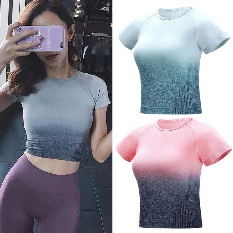 Женские топы для фитнеса градиентные цветные дышащие быстросохнущие облегающие