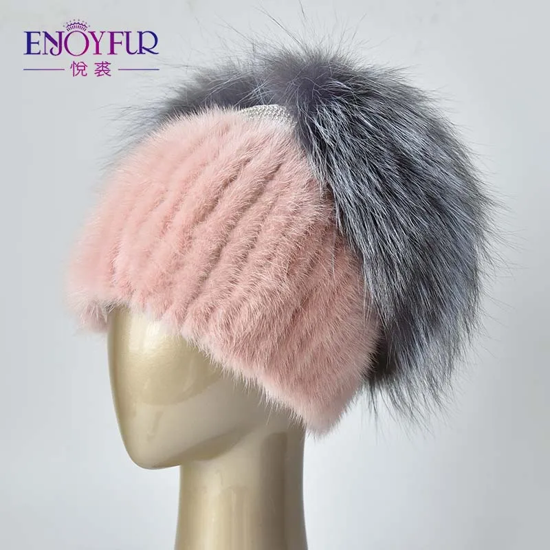 Женская вязаная русская шапка ENJOYFUR, теплая шапка бини из натурального меха норки и чернобурки на зиму - Цвет: 17