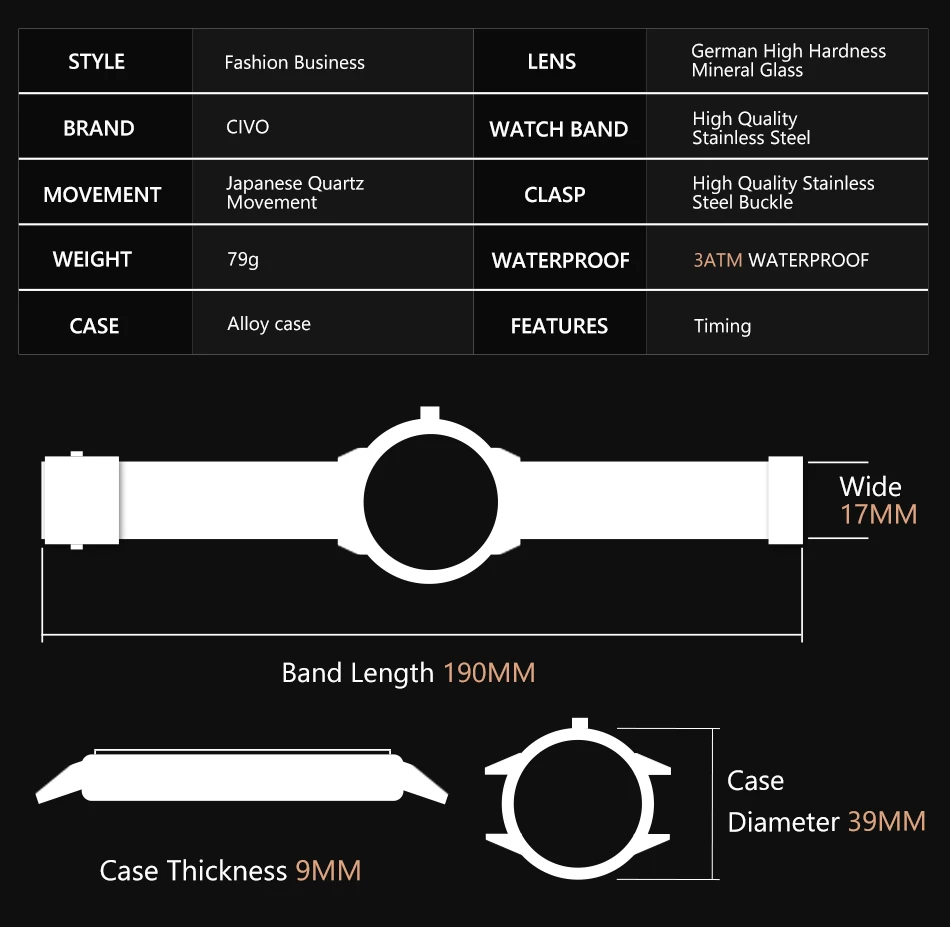Reloj CIVO quartz watches mens fashion sport dial waterproof wirst watches top brand luxury steel strap man watches montre homme
