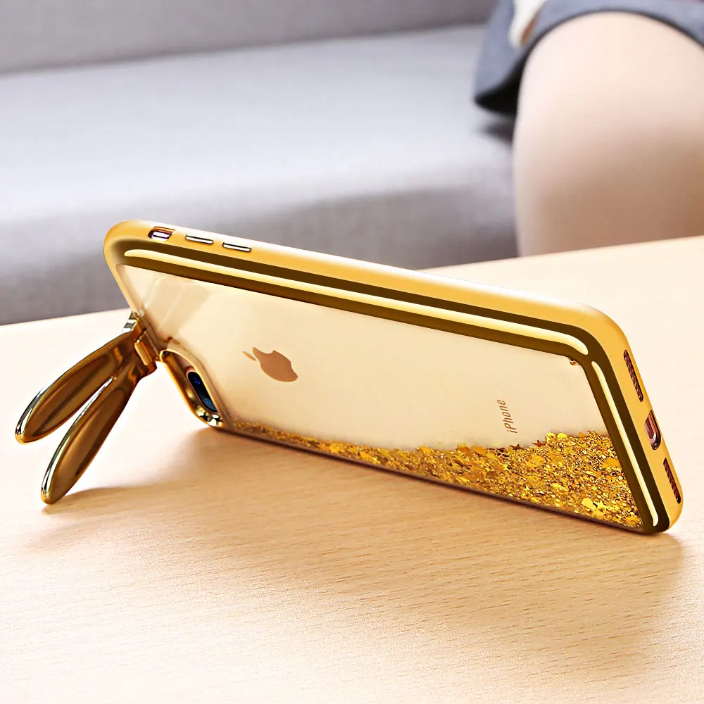 KISSCASE Liquid Rabbit Ears Case For iPhone 6 6S 7 8 Plus Cover Glitter Bling Stars X Cute Phone Stand Fundas |