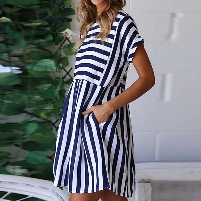 2019 Mini Short Party Dress Women Summer Striped Bodycon Female O-neck A Line Ladies Sleeve For | Женская одежда