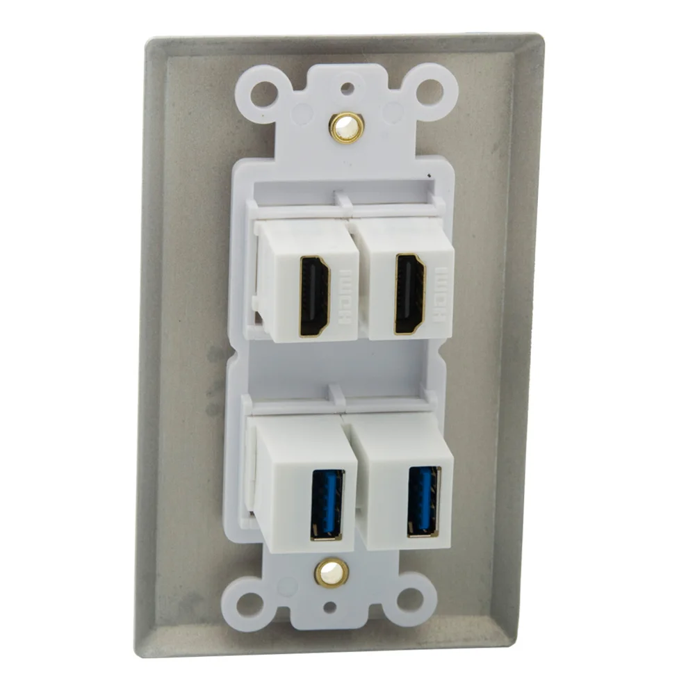 Одноместный твердый стильный алюминиевый металлический 4 порта HDMI USB CAT6 RJ45 F головка RG6 Женский к женскому настенное покрытие лицевой панели
