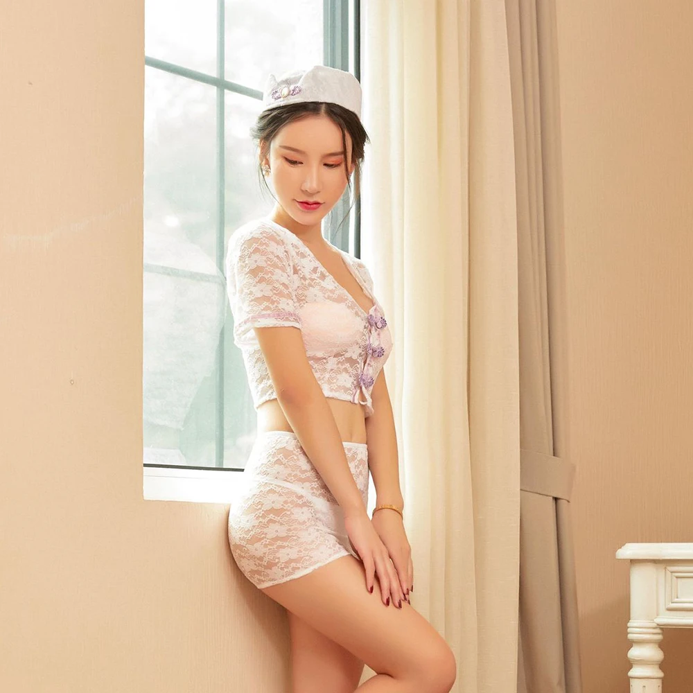 Exotic Sexy Lingerie Lace Suit Wrapped Chest Bag Hip Nurse Service Classical Cheongsam Mini Skirt Passion Babydoll | Тематическая