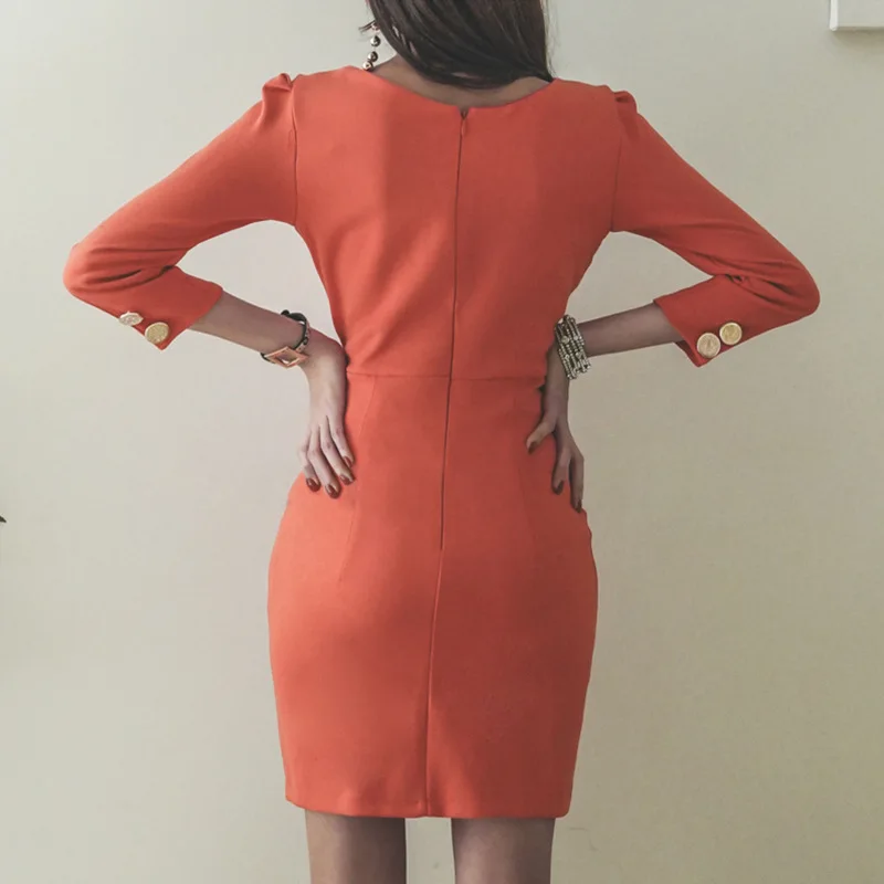 

Plus Size Bandage Dress 2019 Summer Women Orange Three Quarter Sleeve V-neck Sexy Work Mini Dress Office Button Dress Vestidos