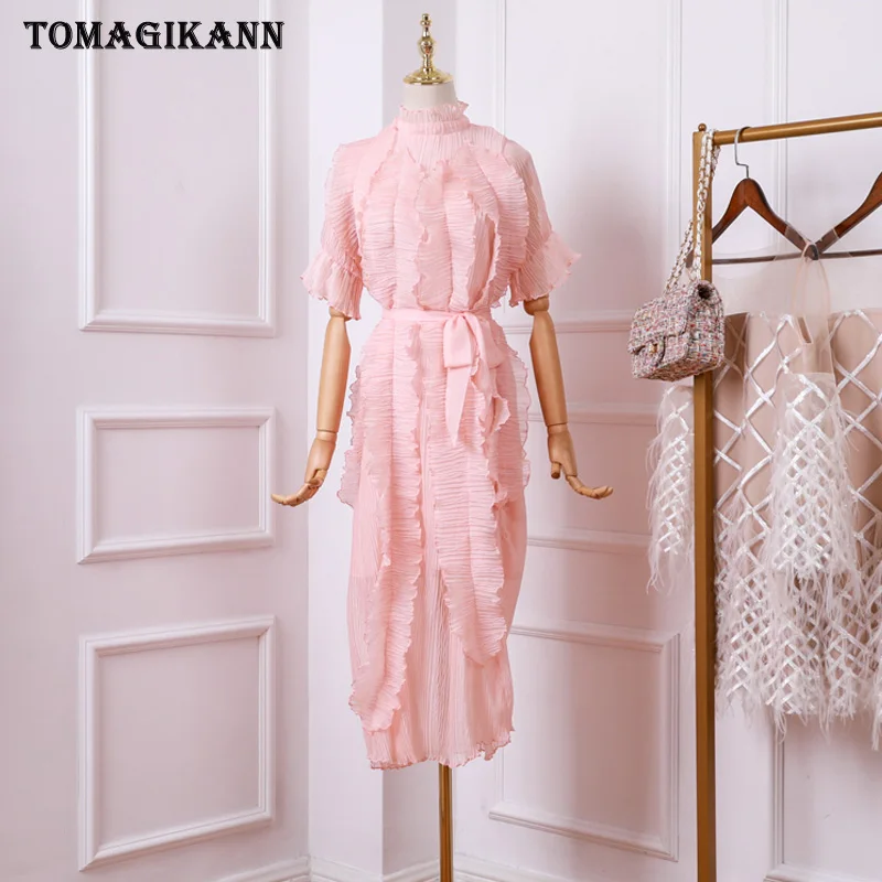 Однотонные плиссированные длинное платье с оборками 2019 элегантный розовый