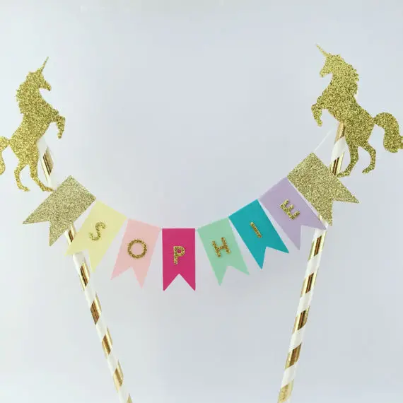 Пользовательское имя первый день рождения единорог торт топперы баннеры