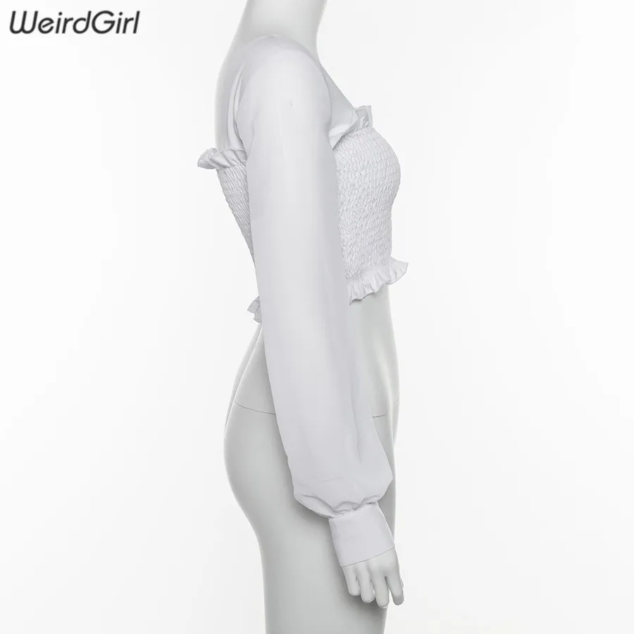 Weirdgirl, женские элегантные модные футболки с длинным рукавом, уличная одежда с квадратным вырезом и оборками, укороченные топы, Женский Топ, эластичный Летний