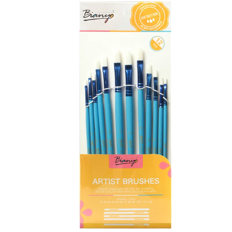 

Bianyo 12Pcs Flat Head Watercolor Gouache Brush Paint Brushes Nylon Hair Blue Wooden Handle Modern Painting Brush Set Supplies