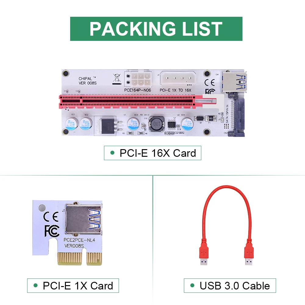 CHIPAL VER008S 30CM for Bitcoin Litecoin Miner PCI-E Riser Card with 4pin 6pin SATA 3in1 Molex Power PCIe 1X to 16X Extender |