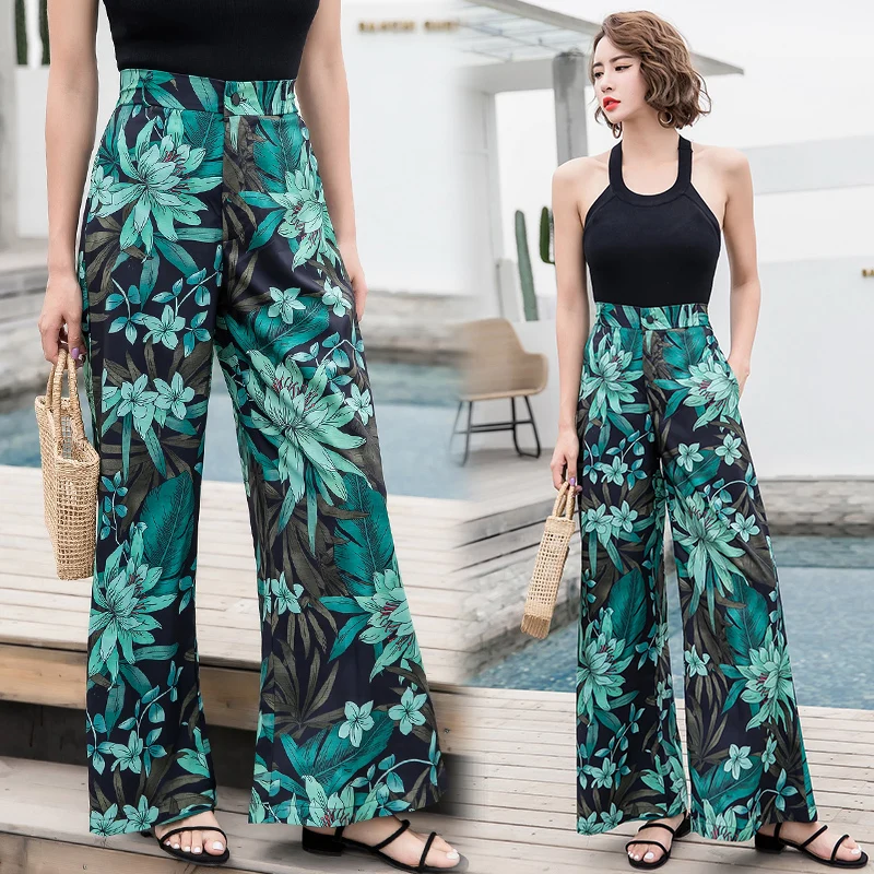 Брюки женские с широкими штанинами повседневные юбки высокой талией принтом в