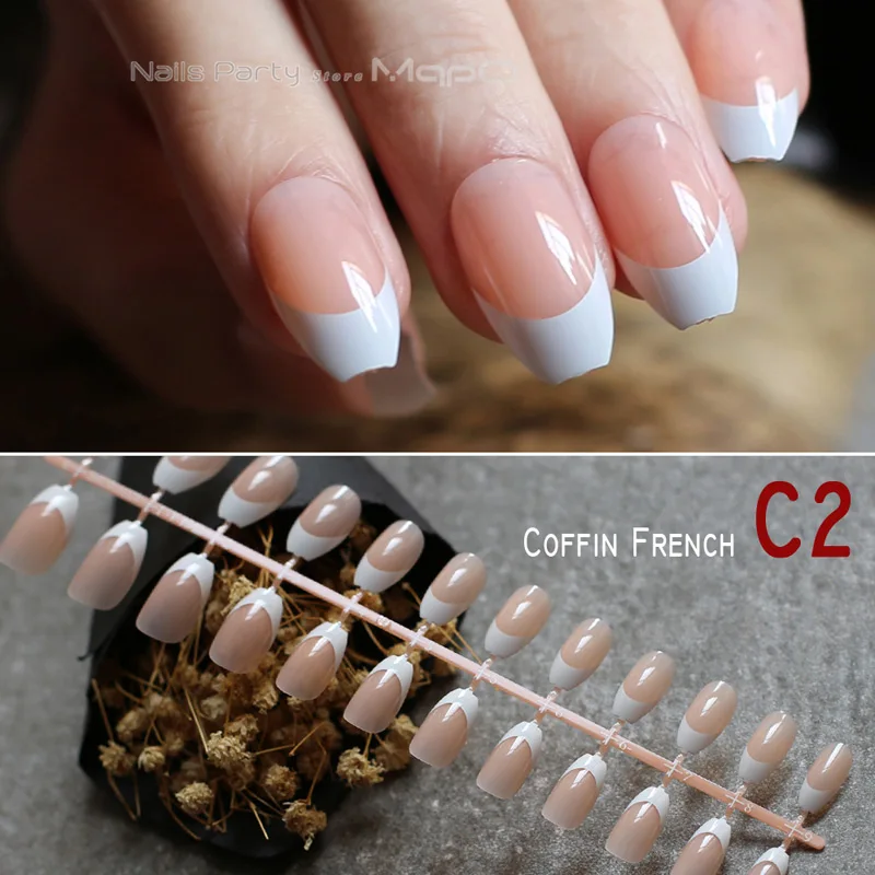 C2 Французский градиент шпильки натуральные ногти гроб Обнаженная средняя короткая квадратная поддельные ногти красные черные овальные накладные ногти Балерина - Цвет: C2