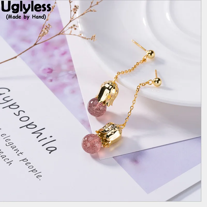 Серьги женские из серебра 925 пробы с натуральным розовым клубничным кварцем |