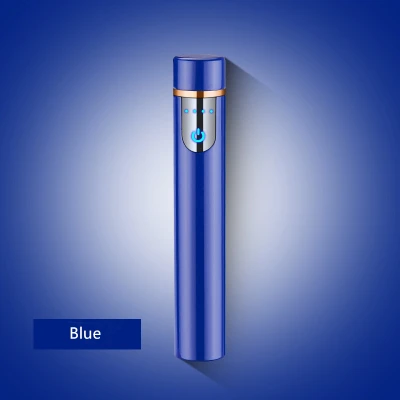 Blue Мини портативный фокус металлический USB Электронная зажигалка светящаяся Кнопка беспламенная плазменная зажигалка ветрозащитный фонарь дуговая зажигалка - Цвет: Blue