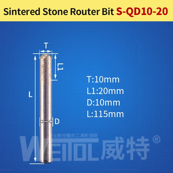 S-QD10-20 Weitol 1 шт. 6 мм/8 мм хвостовик спеченный камень фрезы шариковый нос плоская головка алмазные ЧПУ Инструменты для резьбы по граниту мрамору - Длина режущей кромки: S-QD10-20