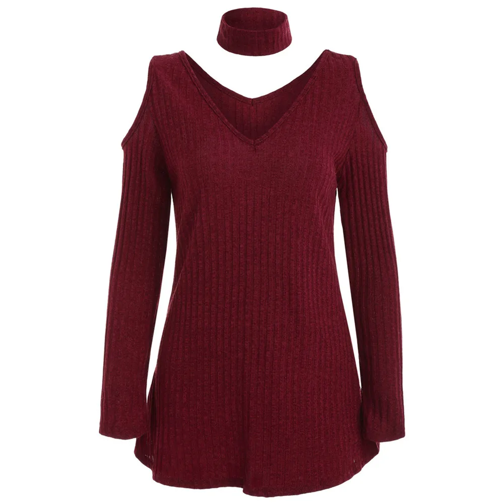 VESTLINDA Sweaters Fashion 2018 Women Cold Shoulder Long Sleeve Knitted Top With Choker Winter Clothes Jumper Pullover Femme | Женская