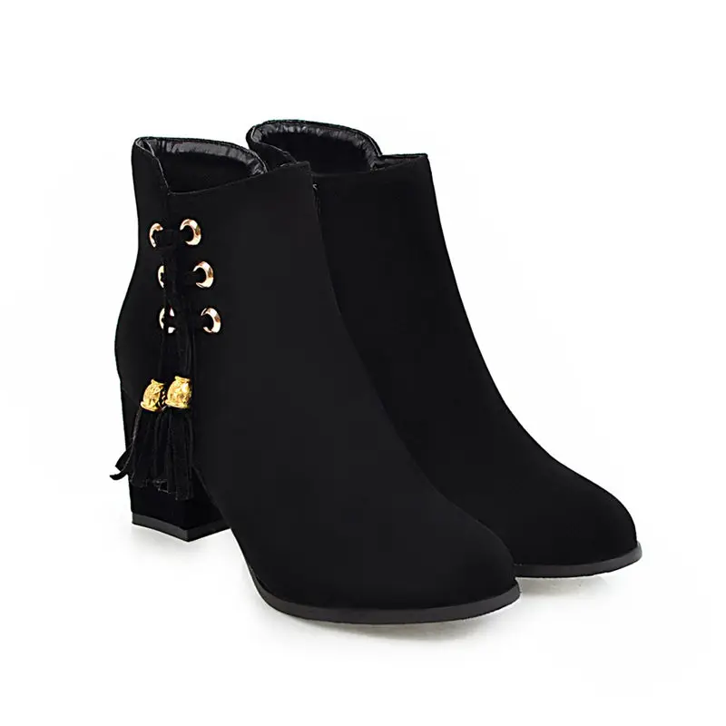 

Smeeroon 2020 new high heels ankle boots for women zip+fringe autumn winter boots round toe women boots big size 32-43