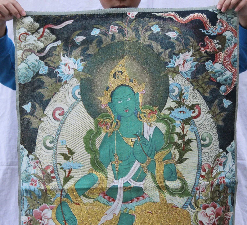 Chinese Folk Silk embroidery Green Tara Mahayana Buddhism Thangka Painting Mural | Дом и сад