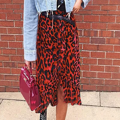 red Ootn Leopard длинная юбка женский Высокая талия длинная юбка Женский Улица рябить животных печати юбка Женский Лето Красный для отдыха - Цвет: red