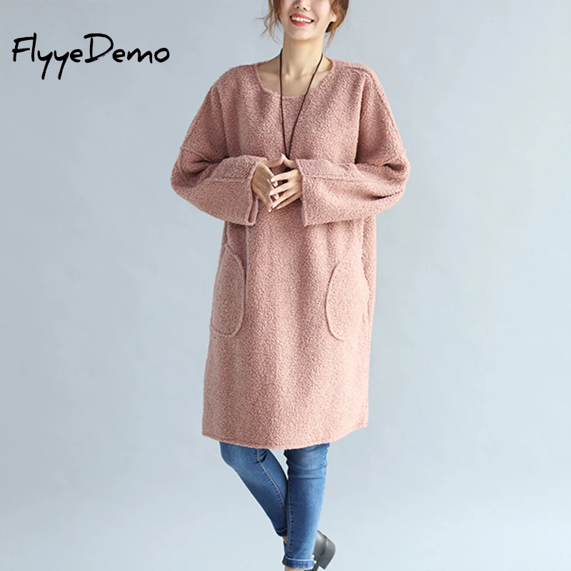 

Women Fleece Dress 2021 Autumn Winter Oversized Batwing Dress Vestidos Thickening O Neck Casual Pink Black Loose Robe