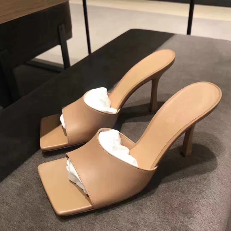 Женские кожаные шлепанцы с открытым носком синие сандалии-гладиаторы на высоком