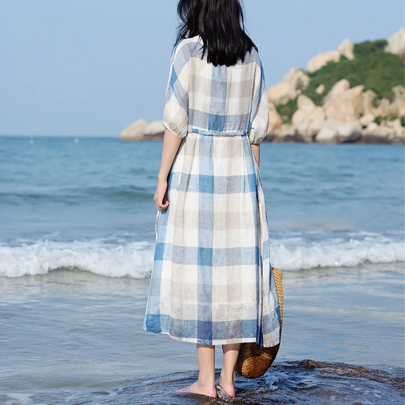 SCUWLINEN 2019 женское летнее платье классическое в клетку на завязках с коротким