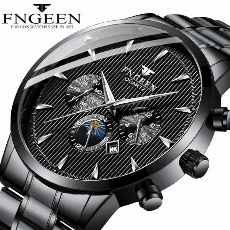 FNGEEN Mens Watch Luxury Men's Stainless Steel Quartz Analog Date Wrist Sport Watches belt watch Relogio Masculino | Наручные часы