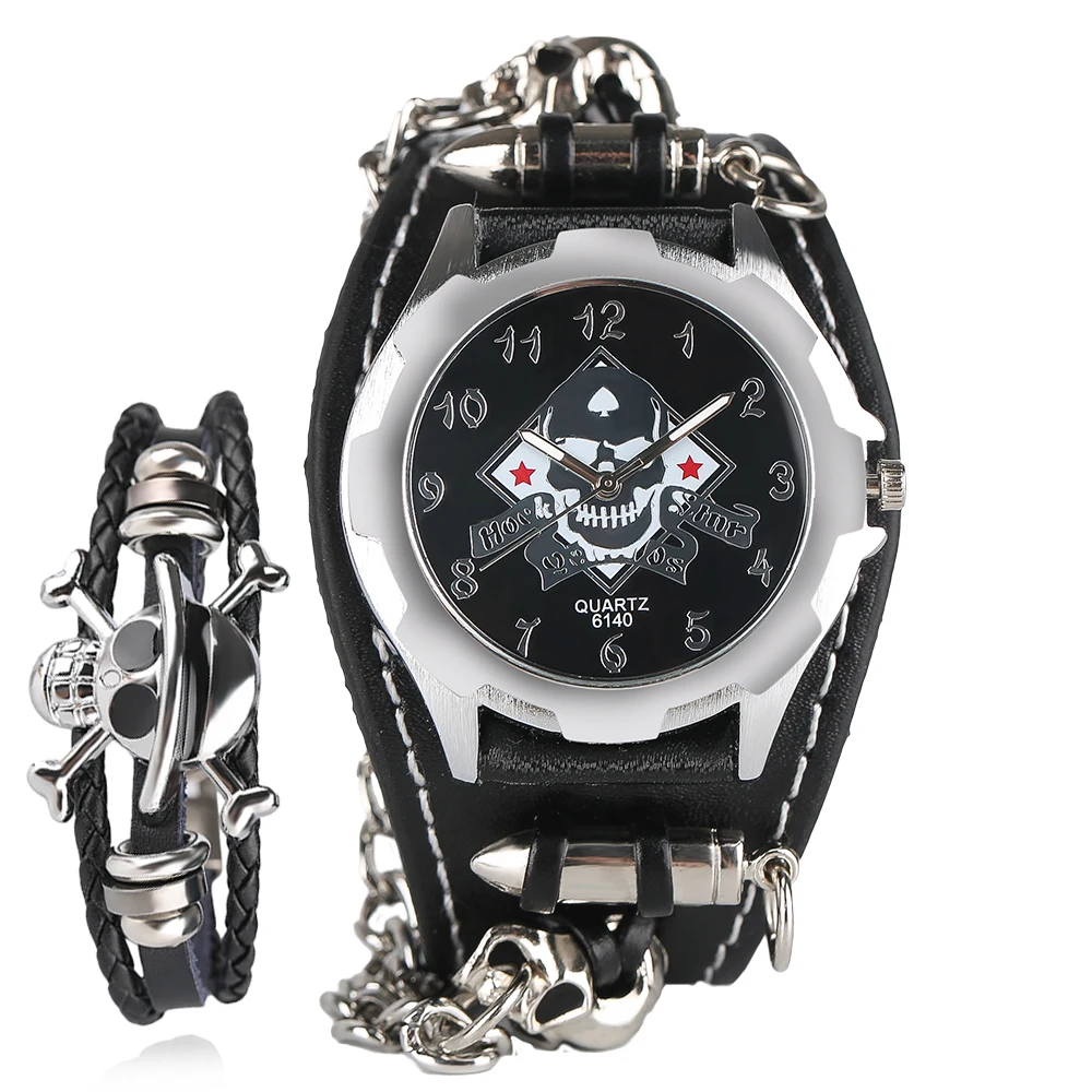 

Trendy Bullet Chain Wrist Watch Skull Cuff Punk Quartz Watches Mens Leather Band Clock With Steampunk Bracelet Gift Relogio