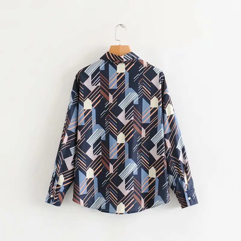 

Blouses Woman 2019 Autumn New Lapels Geometric Pattern Print Long-sleeve Shirt Women Streetwear Clothes Blouse Women