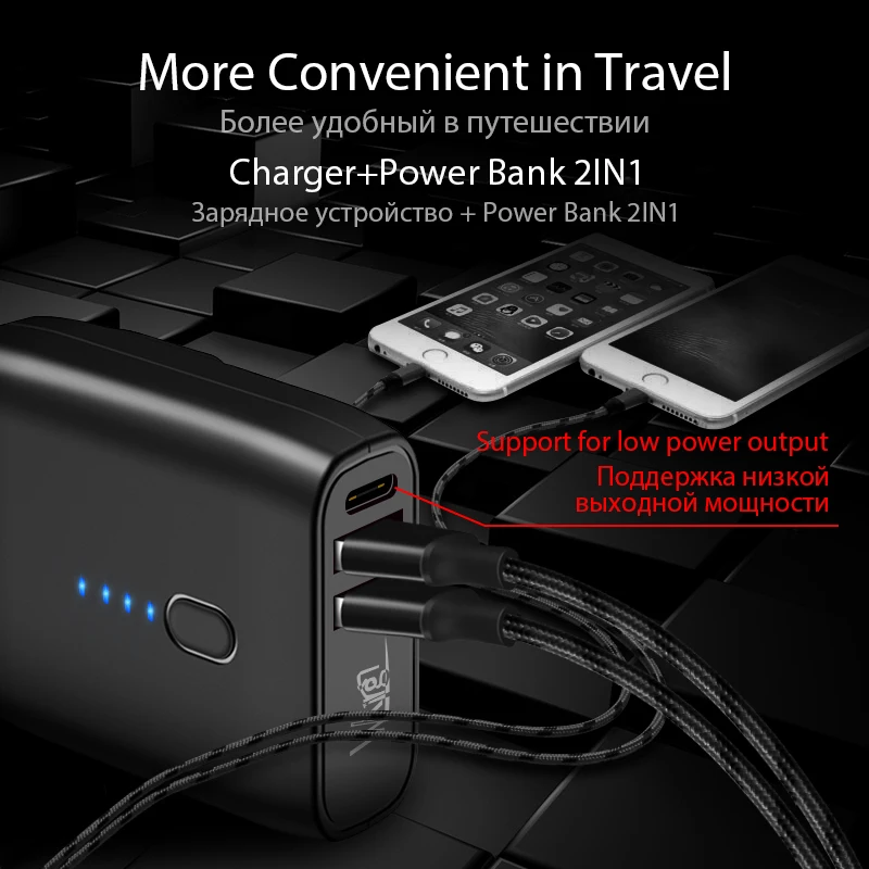 VVKing 5000 мАч зарядное устройство 2 USB зарядное устройство 2 в 1 складная вилка EU/US Быстрая зарядка 2.4A для iPhone huawei samsung LG USB зарядное устройство
