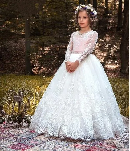 

Puffy Ball Gown Flower Girl Dress Princess For Wedding Pageant Gowns Lace Long Sleeve First Communion Dress Size 2-16Y