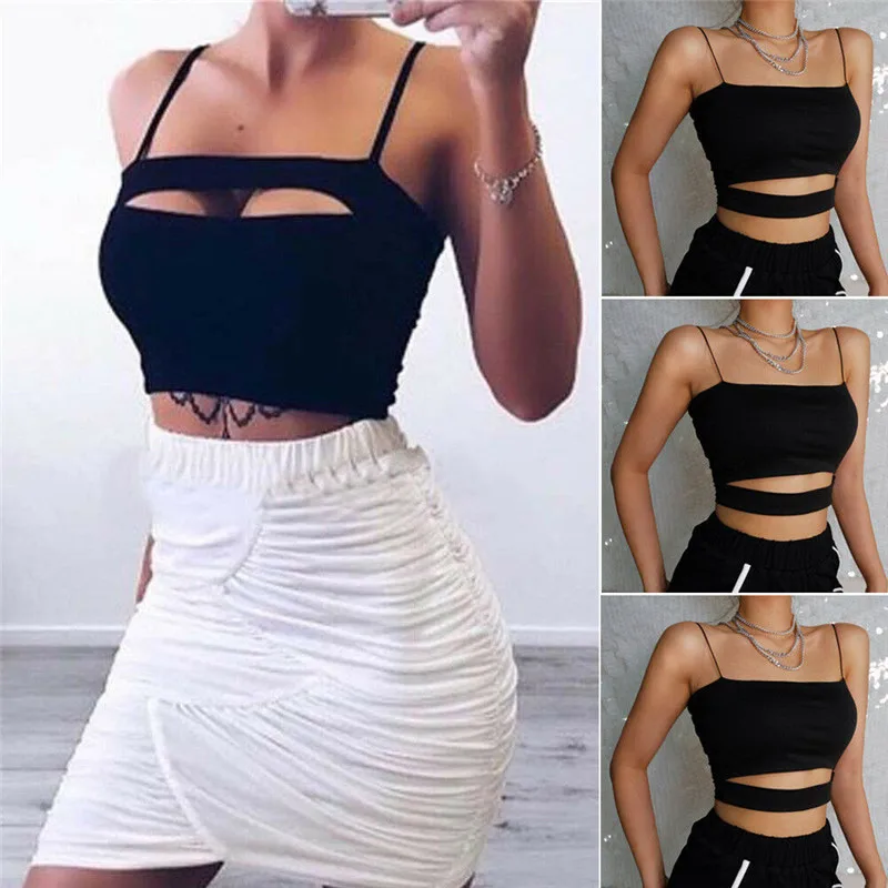 Женский черный топ на бретелях с вырезами сексуальный укороченный бретельках