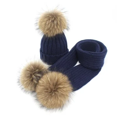 Новинка года, комплект из 2 предметов, детская зимняя шапка, шарф для девочек, шапка с натуральным лисьим мехом, детские шапки с помпонами, вязаная зимняя шапка - Цвет: Navy