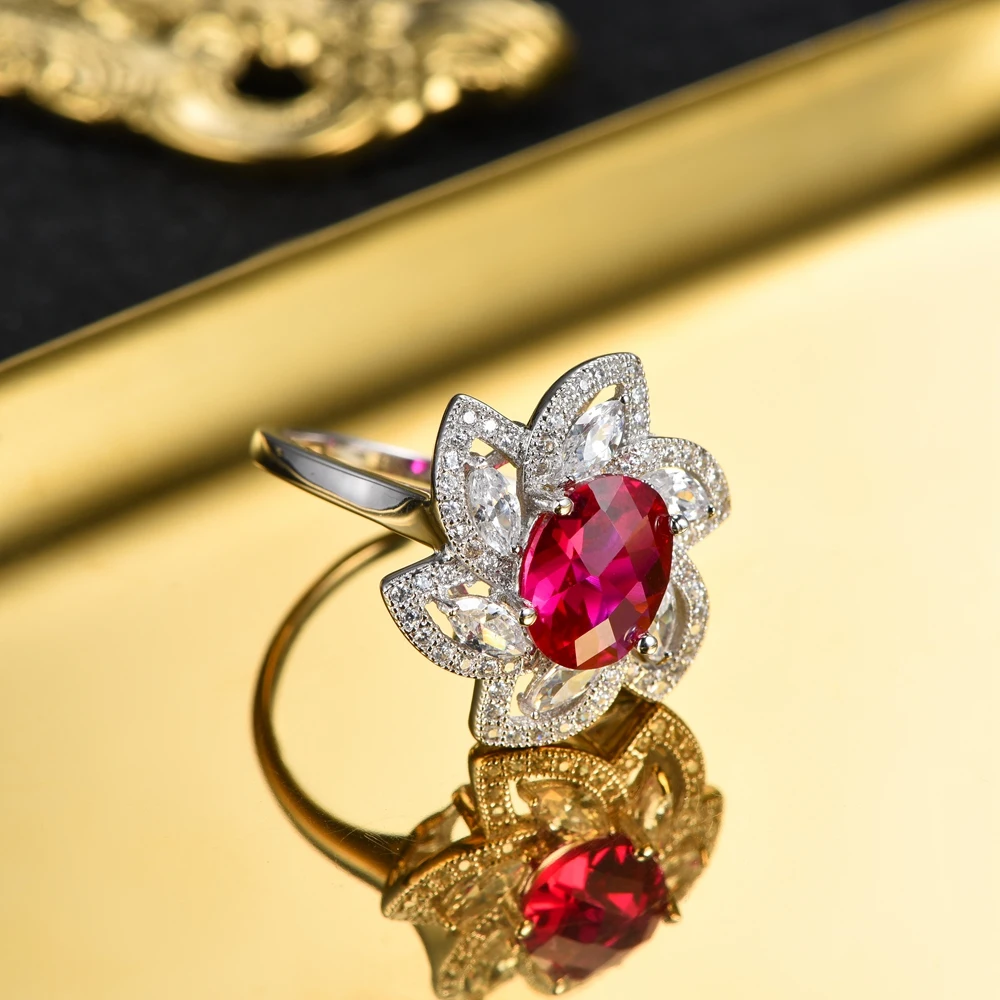 L&ampzuan 100% 925 Sterling Silver Ring 5.82ct Red Stone Checkerboard Gems Cluster Flower Rings For Women Ruby Fine Jewelry | Украшения и