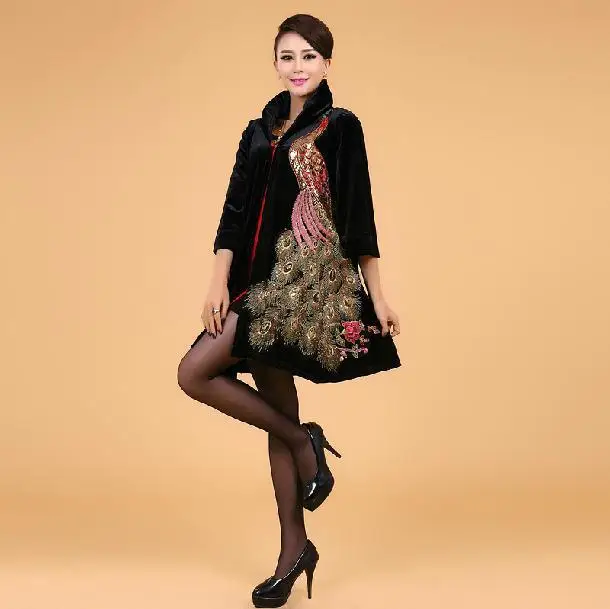 Новинка женский Шелковый Тренч размера плюс 5XL с золотой бархатной вышивкой