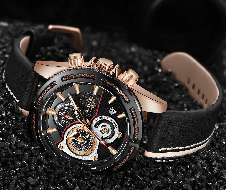 Relojes Hombre, новинка, кварцевые наручные часы LIGE, мужские часы с большим циферблатом, серебристые, черные, кожаные часы, мужские спортивные водонепроницаемые часы с хронографом