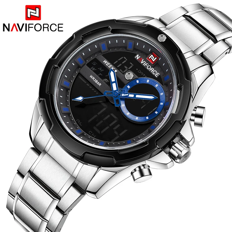 NAVIFORCE нержавеющая Для мужчин часы в стиле милитари спортивные водонепроницаемые
