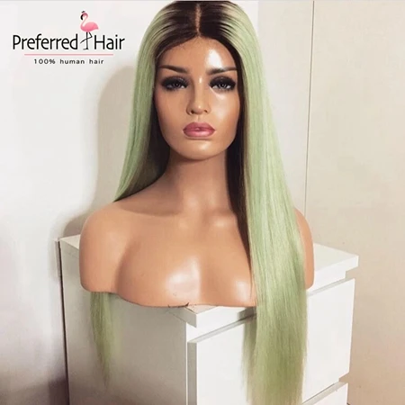 Ombre Green Предпочитаемый ледяной блонд парик на кружеве прямой фиолетовый Омбре человеческие волосы парик бразильский Remy бесклеевой прозрачный парик на шнурке для женщин - Цвет: Ombre Green