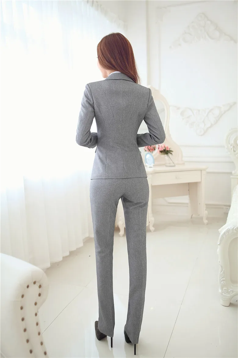 

Novelty Grey Formal Uniform Style Business Women Work Suits With Blazers And Pants Female Trousers Clothing Sets Autumn Winter