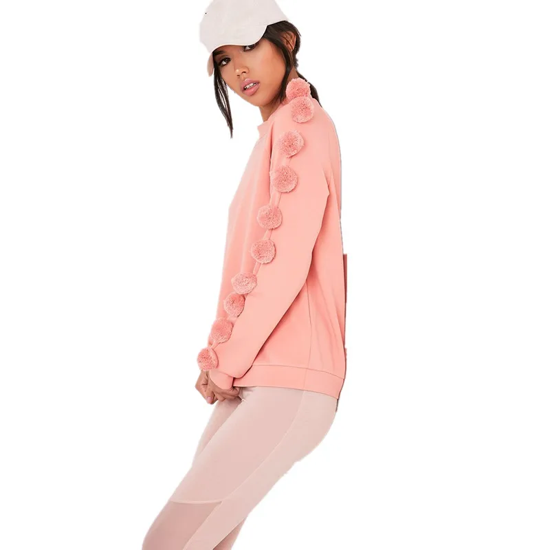 2017 Модные женские повседневные свободные S-XL с длинным рукавом и помпоном розовые