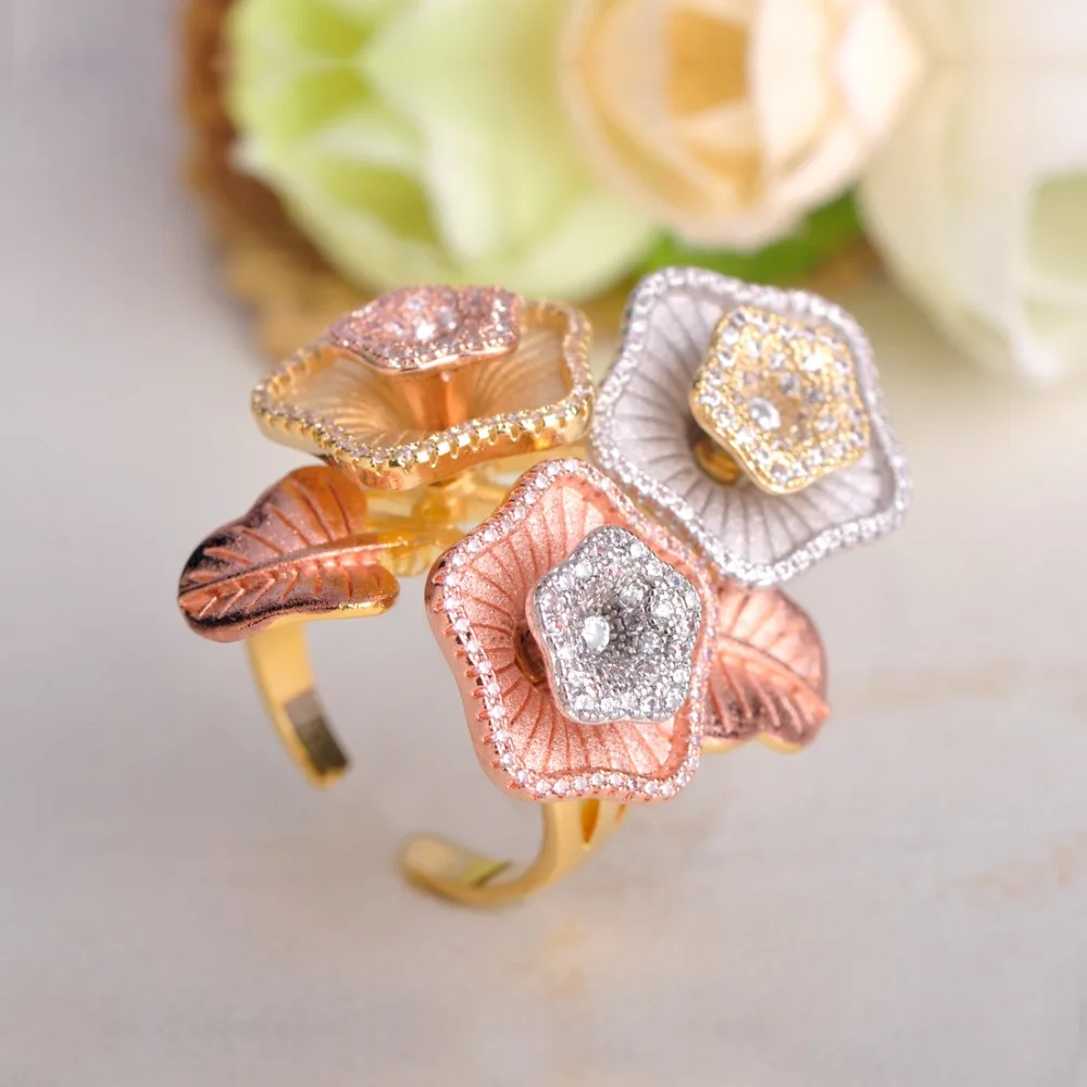 

Dazz New Arrival Gorgeous Flower Shape Bangle Ring Jewelry Sets Three Tones Color Copper Accessory For Women Banquet Party Gift