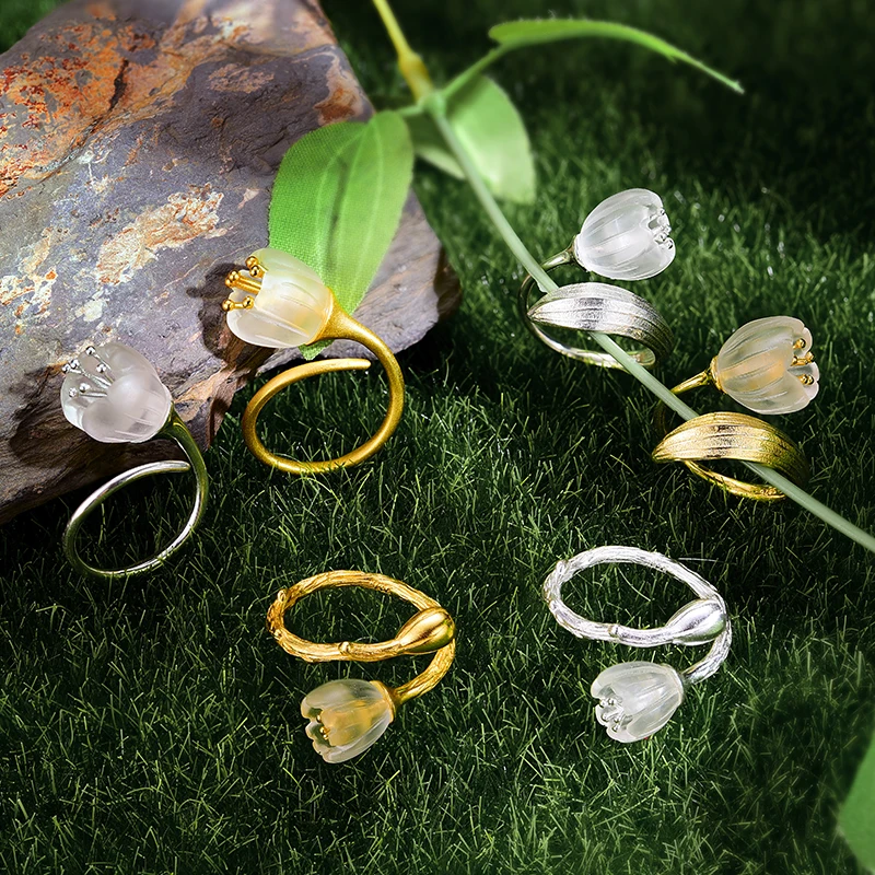Lotus Fun, настоящее 925 пробы, Серебряное 18 К Золотое кольцо, натуральный кристалл, ручная работа, хорошее ювелирное изделие, цветок ландыша, кольца для женщин