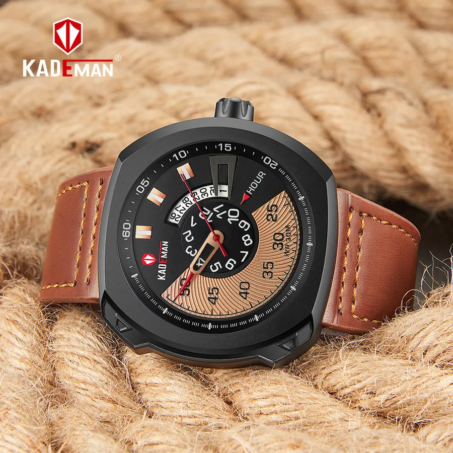 KADEMAN водонепроницаемые спортивные часы мужские роскошные кожаные кварцевые