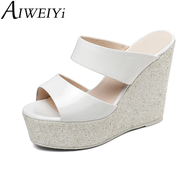 Women Cow Leather Slippers Black White Glitter Heel Wedges High Heels Flip Flops Summer Genuine Sandals Sandalias Mujer | Обувь